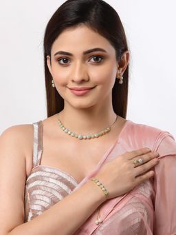 ZENEME - Gold-Plated White and Green Ad Necklace Earring Bracelet and Ring Jewellery