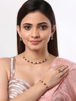 ZENEME - Gold-Plated White and Red Ad Necklace Earring Bracelet and Ring Jewellery