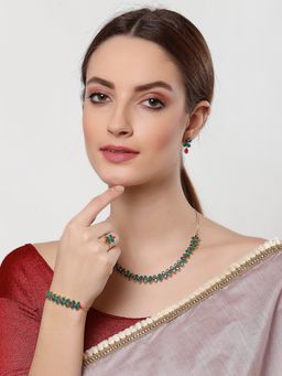 ZENEME - Gold-Plated Red Green Ad Flower Necklace Earring Ring Bracelet