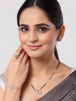 ZENEME - Gold-Plated White Cz Studded Beaded Oval Shaped Mangal Sutra Combo for Women