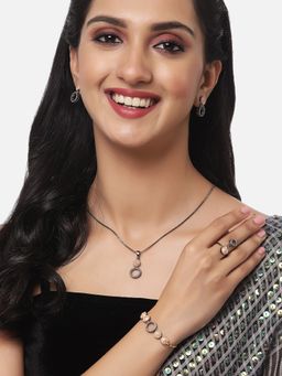 ZENEME - Rose Gold Oxidised Round Pendant Earring Ring and Bracelet Jewellery