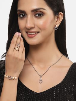 ZENEME - Rose Gold Oxidised Black Heart Pendant Earring Ring Bracelet Jewellery