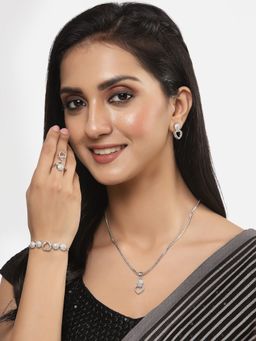 ZENEME - Rhodium-Plated Silver Heart Pendant Earring Ring and Bracelet Jewellery