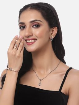 ZENEME - Rose Gold Oxidised Black Ad Square Pendant Earring Ring Bracelet