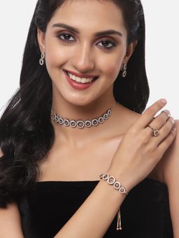 ZENEME - Rose Gold Oxidised Ad Circular Necklace Earring Ring Bracelet Jewellery