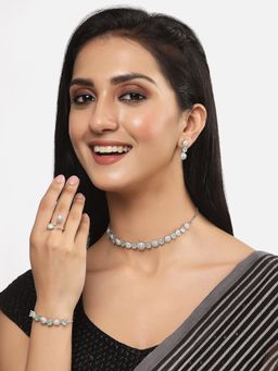 ZENEME - Rhodium Plated Turquoise Ad Necklace Earring Bracelet and Ring Jewellery