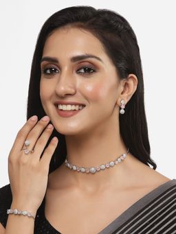 ZENEME - Rhodium Plated Pink Ad Necklace Earring Bracelet and Ring Jewellery