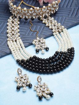 ZENEME - Gold-Plated Multi Strand Kundan Studded Choker and Long Black Pearl