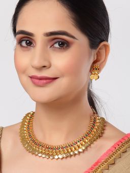 ZENEME - Gold Plated Temple Coin Multi-Color Necklace Set with Earring Jewellery