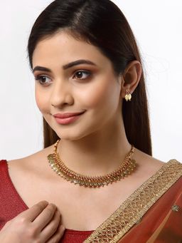 ZENEME - Gold Plated Temple Coin Red Necklace Set with Earring Jewellery