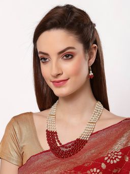 ZENEME - Gold Plated 5 Layered Maroon Multistrand Ethnic Long Necklace and Earring for Women