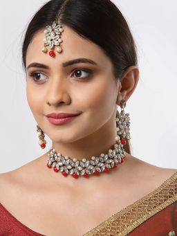 ZENEME - Gold-Plated Kundan and Red Pearl Studded Beaded Choker Jewellery