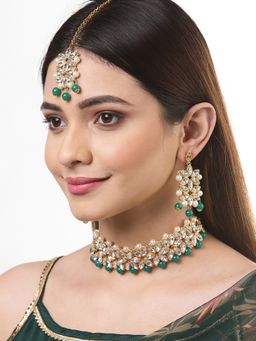 ZENEME - Gold-Plated Kundan and Green Pearl Studded Beaded Choker Jewellery