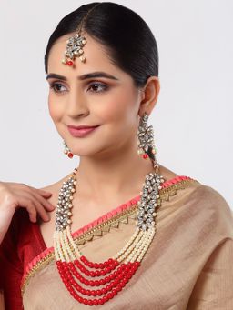 ZENEME - Gold Plated Traditional 5 Layered Kundan and Red Pearl Necklace