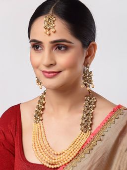 ZENEME - Gold Plated Traditional 5 Layered Kundan and Cream Pearl Necklace