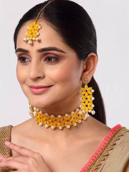 ZENEME - Gold-Plated Yellow Kundan and White Pearl Studded Beaded Choker Jewellery