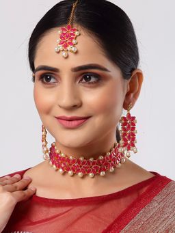 ZENEME - Gold-Plated Red Kundan and White Pearl Studded Beaded Choker Jewellery