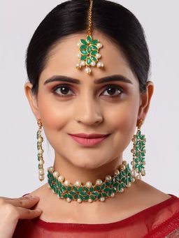 ZENEME - Gold-Plated Green Kundan and White Pearl Studded Beaded Choker Jewellery