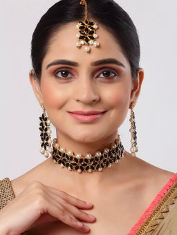 ZENEME - Gold-Plated Black Kundan and White Pearl Studded Beaded Choker Jewellery