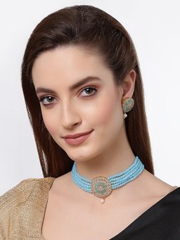 ZENEME - Gold Plated Ad Studded Multistrand Blue Crytal Pearls Necklace Earring