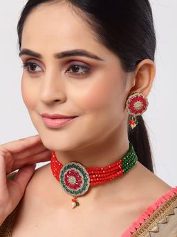 ZENEME - Gold Plated Ad Studded Multistrand Red Crytal Pearls Necklace Earring