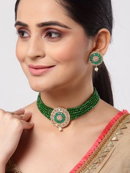 ZENEME - Gold Plated Ad Studded Multistrand Green Crytal Pearls Necklace Earring