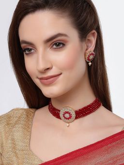 ZENEME - Gold Plated Ad Studded Multistrand Red Crytal Pearls Necklace Earring
