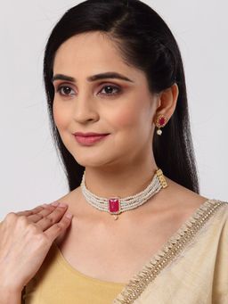 ZENEME - Gold-Plated Red Ad White Pearl Necklace and Earring Jewellery