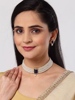 ZENEME - Gold-Plated Green Ad Blue Pearl Necklace and Earring Jewellery