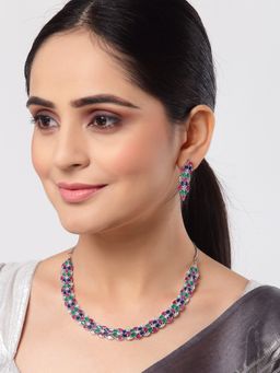 ZENEME - Silver Toned Rhodium Jazzy American Diamond Studded Link Jewellery