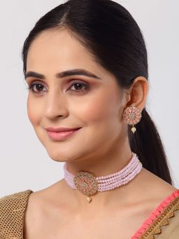 ZENEME - Gold Plated Ad Studded Multistrand Pink Crytal Pearls Necklace Earring