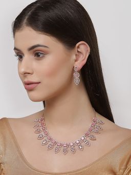 ZENEME - Rose Gold-Plated White Pink Crystal Studded Handcrafted Jewellery Set