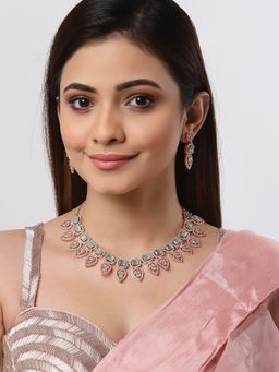 ZENEME - Rose Gold-Plated White Green Crystal Studded Handcrafted Jewellery Set