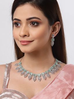 ZENEME - Silver Plated Green Ad Crystal Studded Leaf Shaped Jewellery