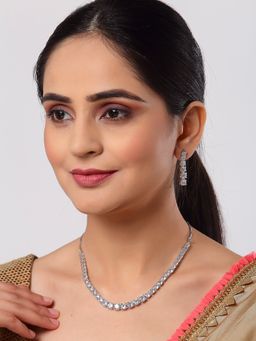 ZENEME - Rhodium Plated White American Diamond Intricated Round Jewellery