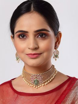 ZENEME - Gold Plated American Diamond Studded with Drop Pearl Beaded Choker Jewellery Set