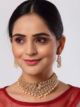 ZENEME - Gold Plated American Diamond Studded with Drop Pearl Beaded Choker Jewellery Set