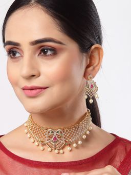 ZENEME - Gold Plated American Diamond Studded with Drop Pearl Beaded Choker Jewellery Set
