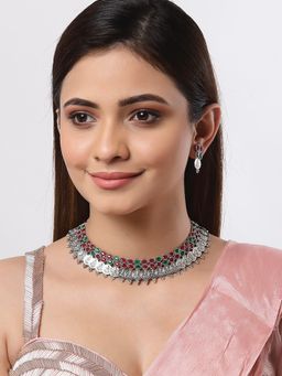 ZENEME - Silver-Plated Oxidised Multi-Color Cz Studded Temple Coin Jewellery