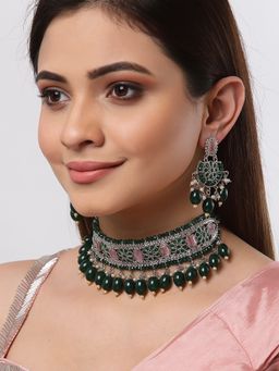 ZENEME - Oxidised Silver Toned Designer Handcrafted Green Pearl Choker Jewellery