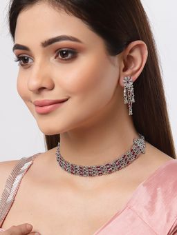 ZENEME - Antique Oxidised Silver Toned Designer Red Cz Studded Choker Jewellery