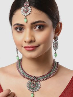 ZENEME - Oxidised Silver-Plated Red Green Cz Studded Bridal Choker Jewellery