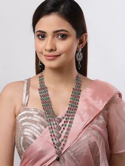 ZENEME - Oxidised Silver Toned Multi-Color Green Cz Floral Studded Long Laye Multi-Color