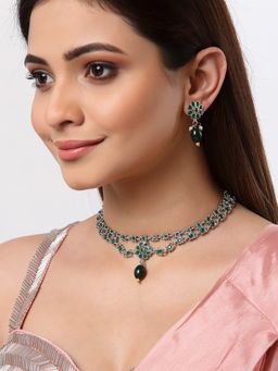 ZENEME - Oxidised Silver-Plated Green Ad-Studded Pearl Beaded Jewellery Set