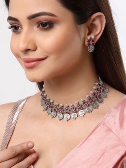 ZENEME - Silver-Plated Oxidised Red Cz Studded Temple Coin Jewellery