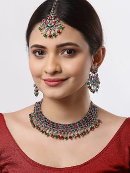 ZENEME - Oxidised Silver-Plated Red Cz Studded Beaded Bridal Choker Jewellery