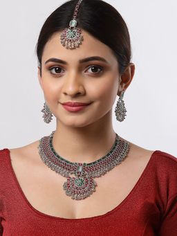 ZENEME - Oxidised Silver-Plated Red Cz Studded Beaded Bridal Choker Jewellery