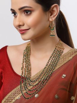 ZENEME - Gold-Plated Gond Tone Green Pearl Studded 5 Layered Necklace Jewellery
