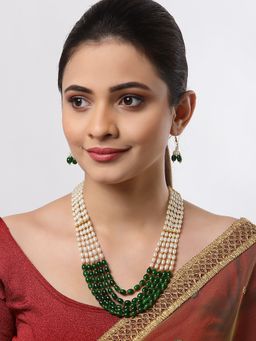 ZENEME - Gold Plated 5 Layered Green Multistrand Ethnic Long Necklace and Earring for Women