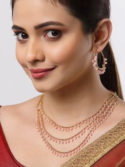 ZENEME - Gold-Plated Pink Pearl Studded 3 Layered Necklace Jewellery
